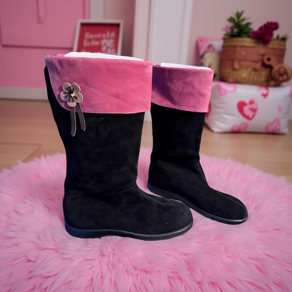 Jumping Jacks NWOT Sz Girls 3 Black & Pink Leather Textured Sole Boots (SH180)